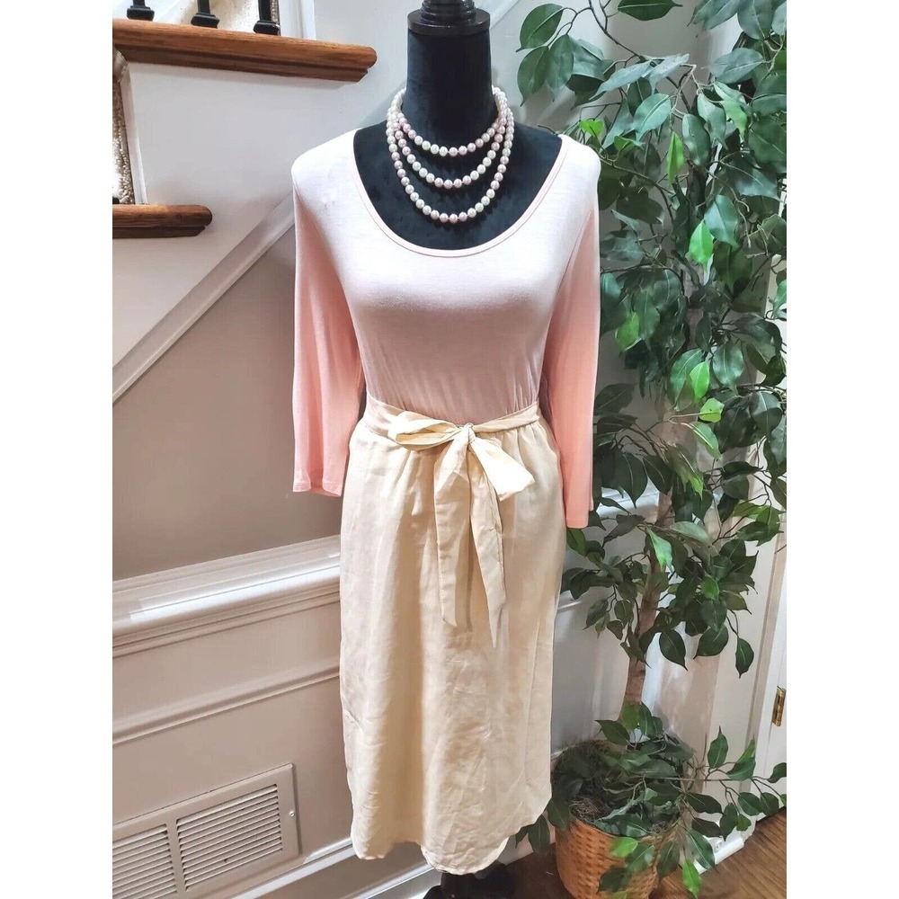 Tinley Women Pink & Cream Rayon Round Neck Long Sleeve Knee Length Dress Medium